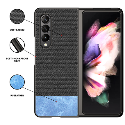 Soft Fabric & Leather Hybrid Protective Case Cover for Samsung Galaxy Z Fold 3 (Black,Blue)