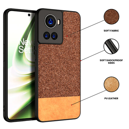 Soft Fabric & Leather Hybrid Protective Back Case Cover for Oneplus 10R (Brown)