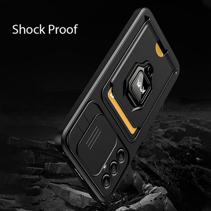 Mobizang Bisen Back Cover for Samsung Galaxy A54 (5G) | Inbuilt Camera Slider Ring Stand and Card Pocket Shockproof Slim Bumper Back Case (Black)