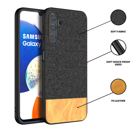 Mobizang Soft Fabric & Leather Hybrid Protective Case Cover for Samsung Galaxy A14 (5G) | Shockproof Slim Hard Anti Slip Back Case (Black,Brown)