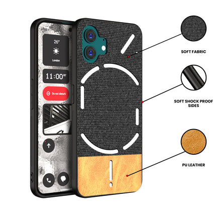 Mobizang Soft Fabric & Leather Hybrid Protective Back Cover for Nothing Phone 2 | Shockproof Slim Hard Anti Slip Back Case (Black::Brown)