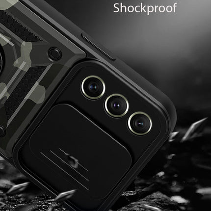 Tank Back Cover for Samsung Galaxy S21 FE, Inbuilt Ring + Slider Shockproof Lens Protection Case (Black)
