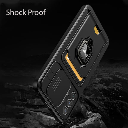 Bisen Back Cover for Samsung Galaxy A73 (5G) , Inbuilt Camera Slider ,Ring Stand and Card Pocket Shockproof Slim Bumper Back Case (Black)