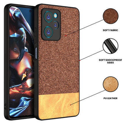 Mobizang Soft Fabric & Leather Hybrid for Poco X5 PRO Back Cover | Shockproof Hybrid Slim Hard Anti Slip Back Case (Brown)