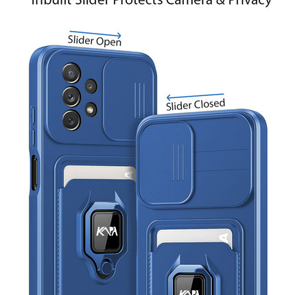 Bisen Back Cover for Samsung Galaxy A53 (5G) , Inbuilt Camera Slider ,Ring Stand and Card Pocket Shockproof Slim Bumper Back Case (Blue)