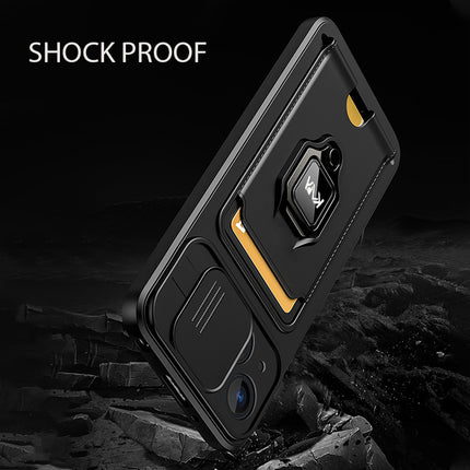 Mobizang Bisen Back Cover for Apple iPhone 15 Plus | Inbuilt Camera Slider Ring Stand and Card Pocket Shockproof Slim Bumper Back Case (Black)