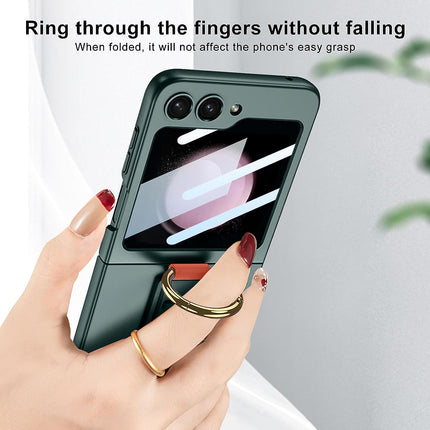 Mobizang Shockproof Protective Band Back Cover for Z Flip 5 | Wrist Strap Ring Kickstand Inbuilt Screen Tempered Glass Case , Green