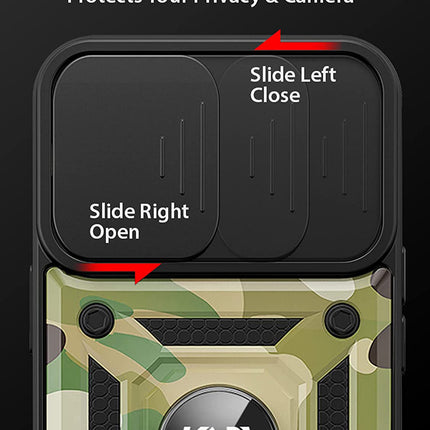 Tank Back Cover for Samsung Galaxy S21 FE, Inbuilt Ring + Slider Shockproof Lens Protection Case (Green)