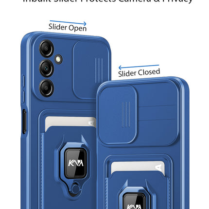 Mobizang Bisen Back Cover for Samsung Galaxy A14 (5G) | Inbuilt Camera Slider Ring Stand and Card Pocket Shockproof Slim Bumper Back Case (Blue)