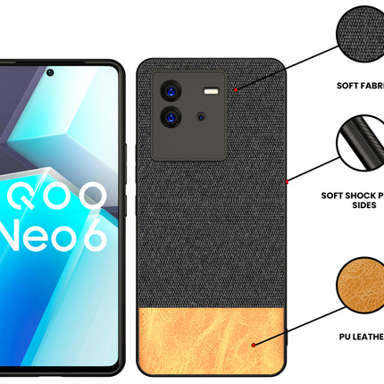 Mobizang Soft Fabric & Leather Hybrid Protective Case Cover for Vivo IQOO Neo 6 (5G) (Black,Brown)