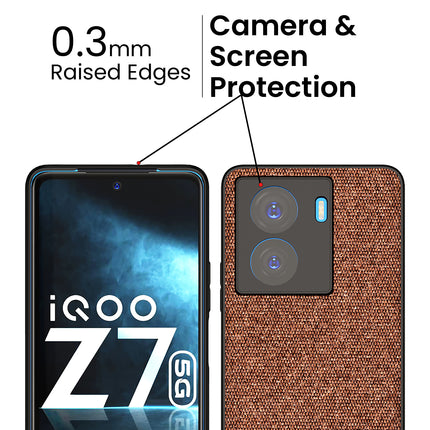 Mobizang Soft Fabric & Leather Hybrid Protective Case Cover for IQOO Z7 / Z7S (5G) | Shockproof Slim Hard Anti Slip Back Case (Brown)