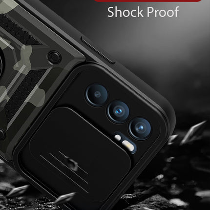 Tank Back Cover for Oppo Reno 6 (5G) , Inbuilt Ring + Slider Shockproof Lens Protection Case (Black)