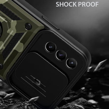 Tank Back Cover for Samsung Galaxy S22 Plus , Inbuilt Ring + Slider Shockproof Lens Protection Case (Green)