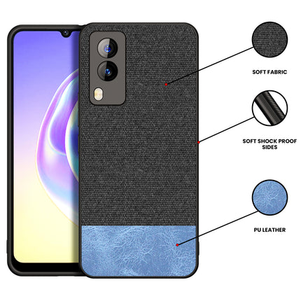 Soft Fabric & Leather Hybrid Protective Case Cover for Vivo V21E (5G) (Black,Blue)