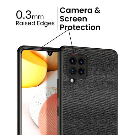 Soft Fabric & Leather Hybrid for Samsung Galaxy M42 (5G) Back Cover, Shockproof Protection Slim Hard Back Case (Black,Brown)
