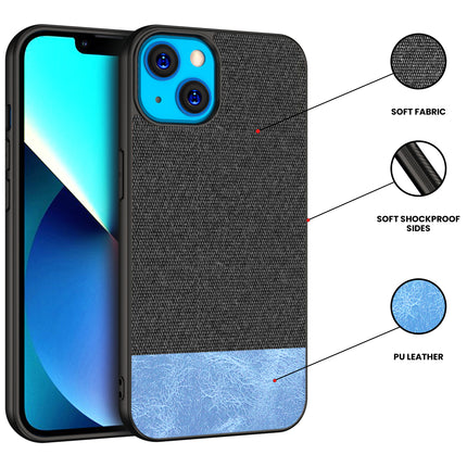 Soft fabric & Leather Hybrid Protective Case Cover for Apple iphone 13 (Black,Blue)