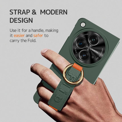 Mobizang Shockproof Protective Band Back Cover for OnePlus Open | Wrist Strap , Ring , Kickstand and Inbuilt Screen Tempered Glass Case, Green