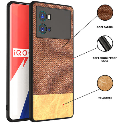 Mobizang Soft Fabric & Leather Hybrid Protective Back Cover for Iqoo 9 PRO | Shockproof Slim Hard Anti Slip Back Case (Brown)