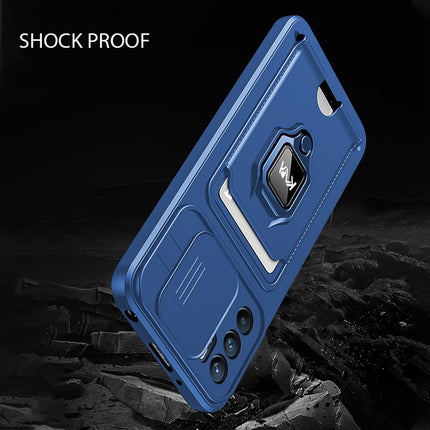 Bisen Back Cover for Oppo Reno 6 (5G), Inbuilt Camera Slider,Ring Stand and Card Pocket Shockproof Slim Bumper Back Case (Blue)