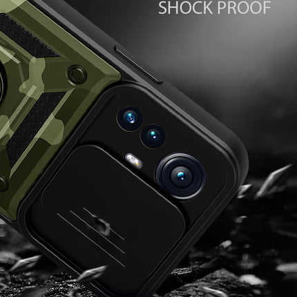 Tank Back Cover for Xiaomi 12 PRO (5G) , Inbuilt Ring + Slider Shockproof Lens  Protection Case (Green)