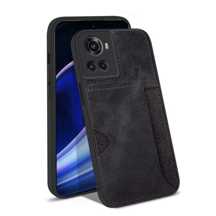 Mobizang Razor Wallet Back Case for OnePlus 10R , Slim Protective PU Leather & Fabric Cover With Inbuilt Card Pocket (Black)