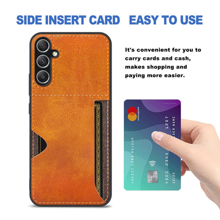 Mobizang Razor Wallet Back Case for Samsung Galaxy A34 (5G) | Slim PU Leather & Fabric Cover with Inbuilt Card Pocket (Brown)