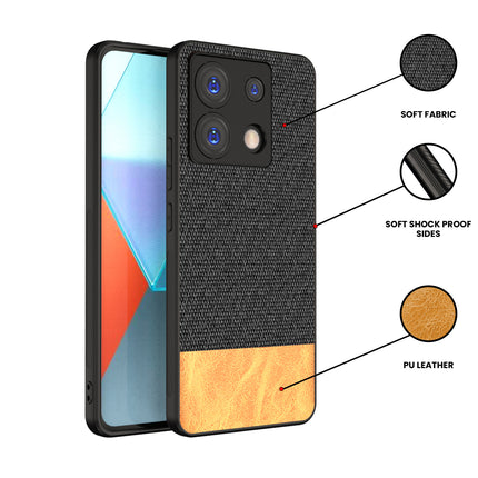 Mobizang Soft Fabric & Leather Hybrid Protective Back Cover for Redmi Note 13 PRO | Shockproof Slim Hard Anti Slip Back Case (Black , Brown)