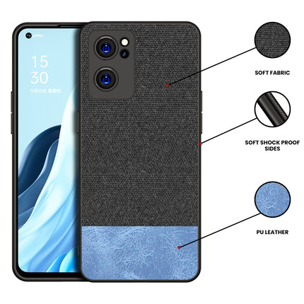 Soft Fabric & Leather Hybrid for Oppo Reno 7 (5G) Back Cover, Shockproof Protection Slim Hard Back Case (Black ,Blue)