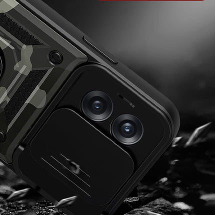 Mobizang Tank Back Cover for OnePLus 10T, Inbuilt Ring + Slider Shockproof Lens Case (Black)