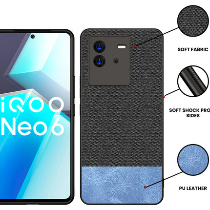 Mobizang Soft Fabric & Leather Hybrid Protective Case Cover for Vivo IQOO Neo 6 (5G) (Black,Blue)