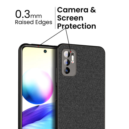 Soft Fabric & Leather Hybrid for Poco M3 Pro Back Cover, Shockproof Protection Slim Hard Back Case (Black, Blue)