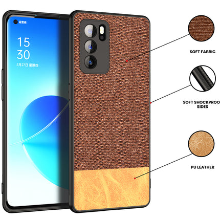 Soft Fabric & Leather Hybrid for Oppo Reno 6 Pro Back Cover, Shockproof Protection Slim Hard Back Case (Brown)