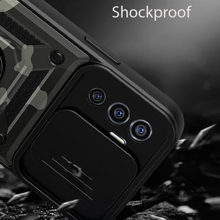 Tank Back Cover for Vivo V23E , Inbuilt Ring + Slider Shockproof Lens Protection Case (Black)