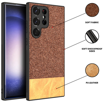 Mobizang Soft Fabric & Leather Hybrid for Samsung Galaxy S23 Ultra Back Cover | Shockproof Hybrid Slim Hard Anti Slip Back Case (Brown)