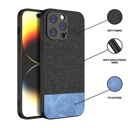 Mobizang Soft Fabric & Leather Hybrid Protective Back Cover for Apple iPhone 15 Pro | Shockproof Slim Hard Anti Slip Back Case (Black::Blue)