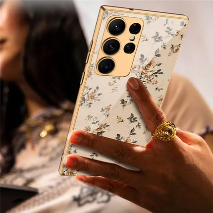 Mobizang 9H Glass Back Case for Samsung Galaxy S23 Ultra | Ultra Thin Full Body Protection Folding Hard Back Cover (Flowers)