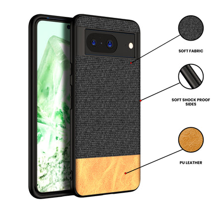 Mobizang Soft Fabric & Leather Hybrid Protective Back Cover for Google Pixel 8 | Shockproof Slim Hard Anti Slip Back Case (Black::Brown)