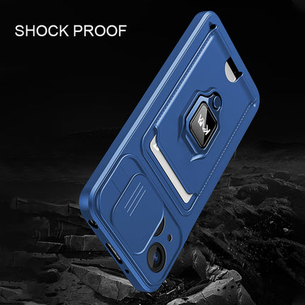 Bisen Back Cover for Apple iPhone 13 (6.1) , Inbuilt Camera Slider ,Ring Stand and Card Pocket Shockproof Slim Bumper Back Case (Blue)