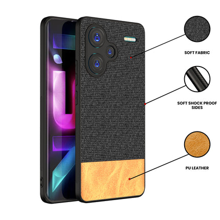 Mobizang Soft Fabric & Leather Hybrid Protective Back Cover for Redmi Note 13 PRO PLUS | Shockproof Slim Hard Anti Slip Back Case (Black , Brown)