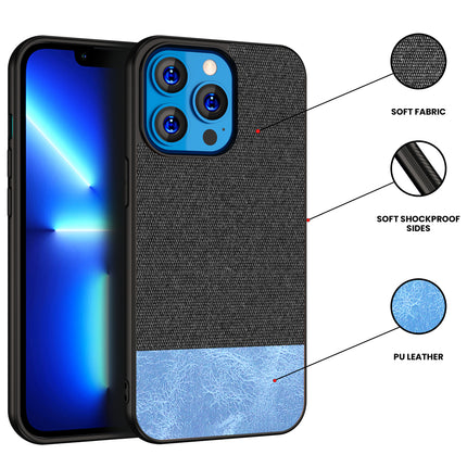 Mobizang Soft Fabric & Leather Hybrid Protective Back Case Cover for Apple iPhone 14 Mini (Black,Blue)