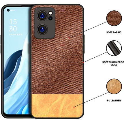 Soft Fabric & Leather Hybrid for Oppo Reno 7 (5G) Back Cover, Shockproof Protection Slim Hard Back Case (Brown)
