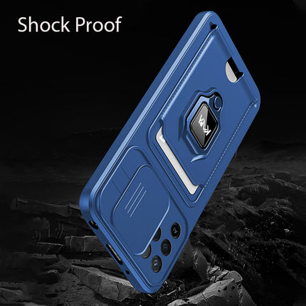 Bisen Back Cover for Oppo F19 Pro , Inbuilt Camera Slider ,Ring Stand and Card Pocket Shockproof Slim Bumper Back Case (Blue)