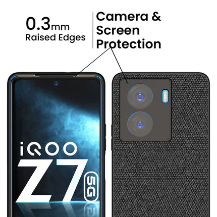 Mobizang Soft Fabric & Leather Hybrid Protective Case Cover for IQOO Z7 / Z7S (5G) | Shockproof Slim Hard Anti Slip Back Case (Black,Blue)