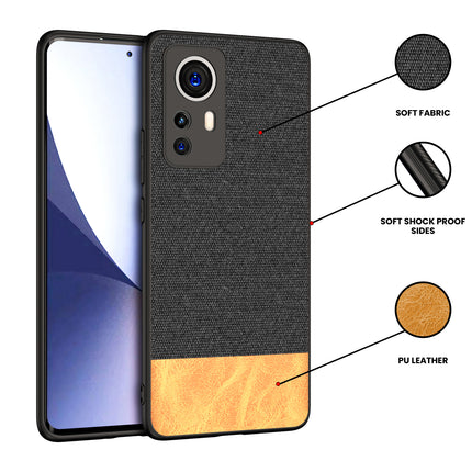 Soft Fabric & Leather Hybrid Protective Back Case Cover for Xiaomi 12 PRO (5G) (Black , Brown)