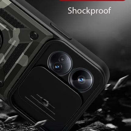 Mobizang Tank Back Cover for Realme 10 pro Plus | Inbuilt Ring + Slider Shockproof Lens Protection Case (Black)