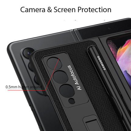 Leather Case With S Pen Holder for Samsung Galaxy Z Fold3 , Inbuilt Stand Hybrid Stand Protection Back Cover, Black
