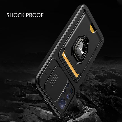 Bisen Back Cover for Redmi Note 11T  (5G) , Inbuilt Camera Slider ,Ring Stand and Card Pocket Shockproof Slim Bumper Back Case (Black)