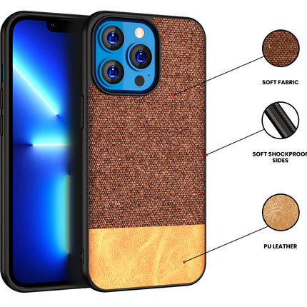 Mobizang Soft Fabric & Leather Hybrid Protective Back Case Cover for Apple iPhone 14 Mini (Brown)