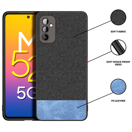 Soft Fabric & Leather Hybrid Protective Case Cover for Samsung Galaxy M52 (5G) (Black,Blue)