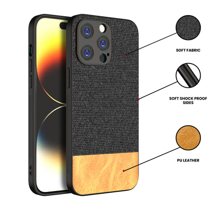 Mobizang Soft Fabric & Leather Hybrid Protective Back Cover for Apple iPhone 15 Pro | Shockproof Slim Hard Anti Slip Back Case (Black::Brown)